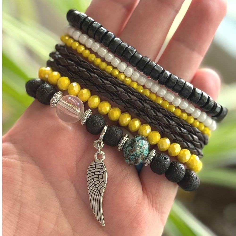 Boho Beaded Stretch Bracelet Stack Set 6 Wing Charm Blue Yellow Black Womens
